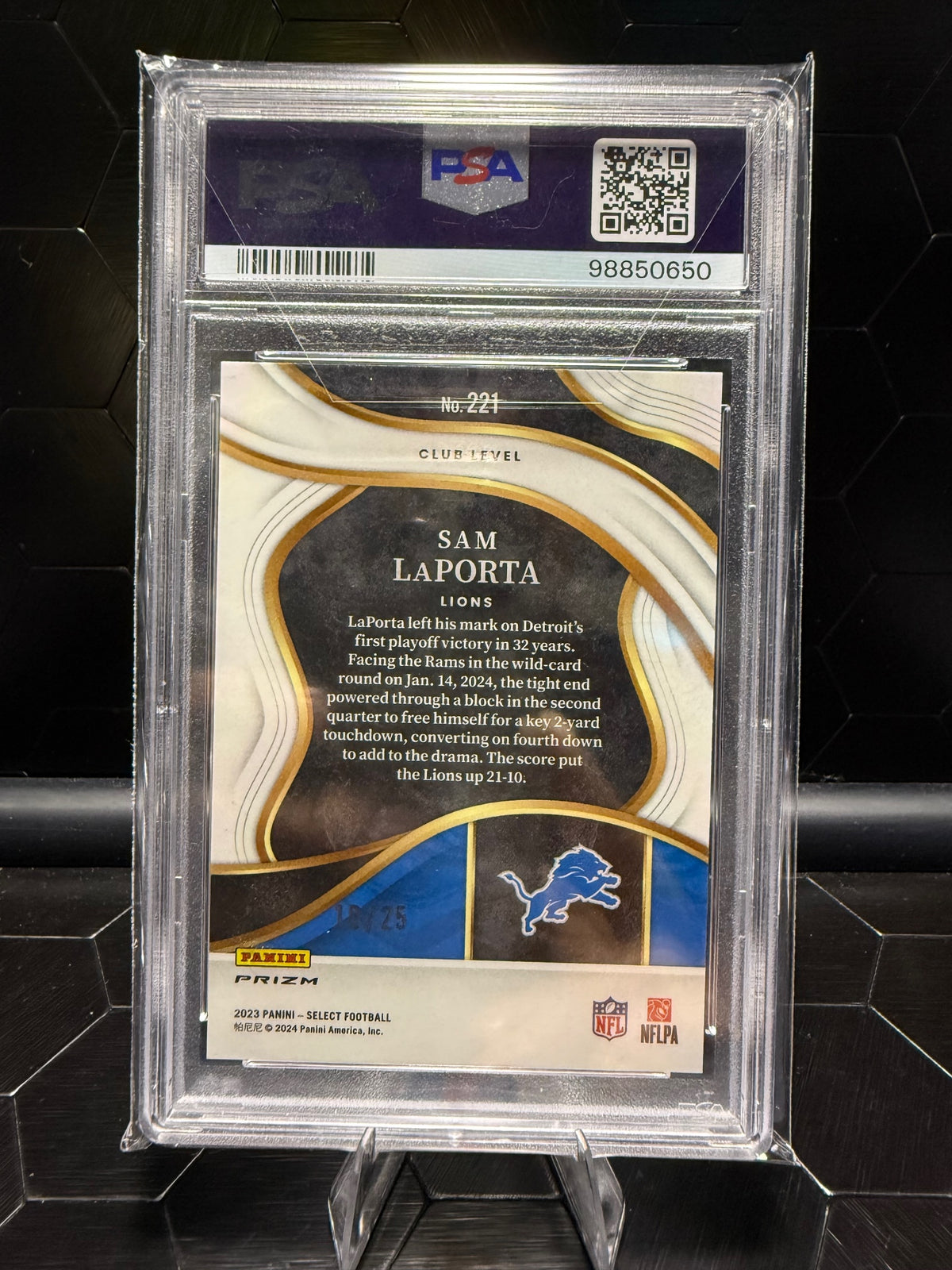 2023 Panini select Sam Laporta Blue Disco Prizm PSA 10
