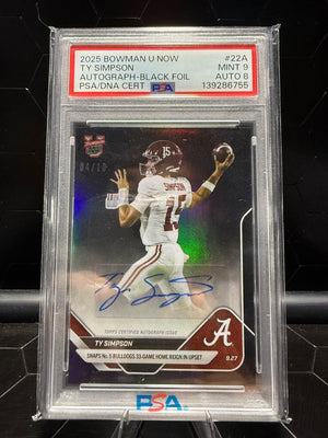 2025 Bowman U Now Ty Simpson #22A Black Foil Auto 04/10 PSA 9 Auto 8