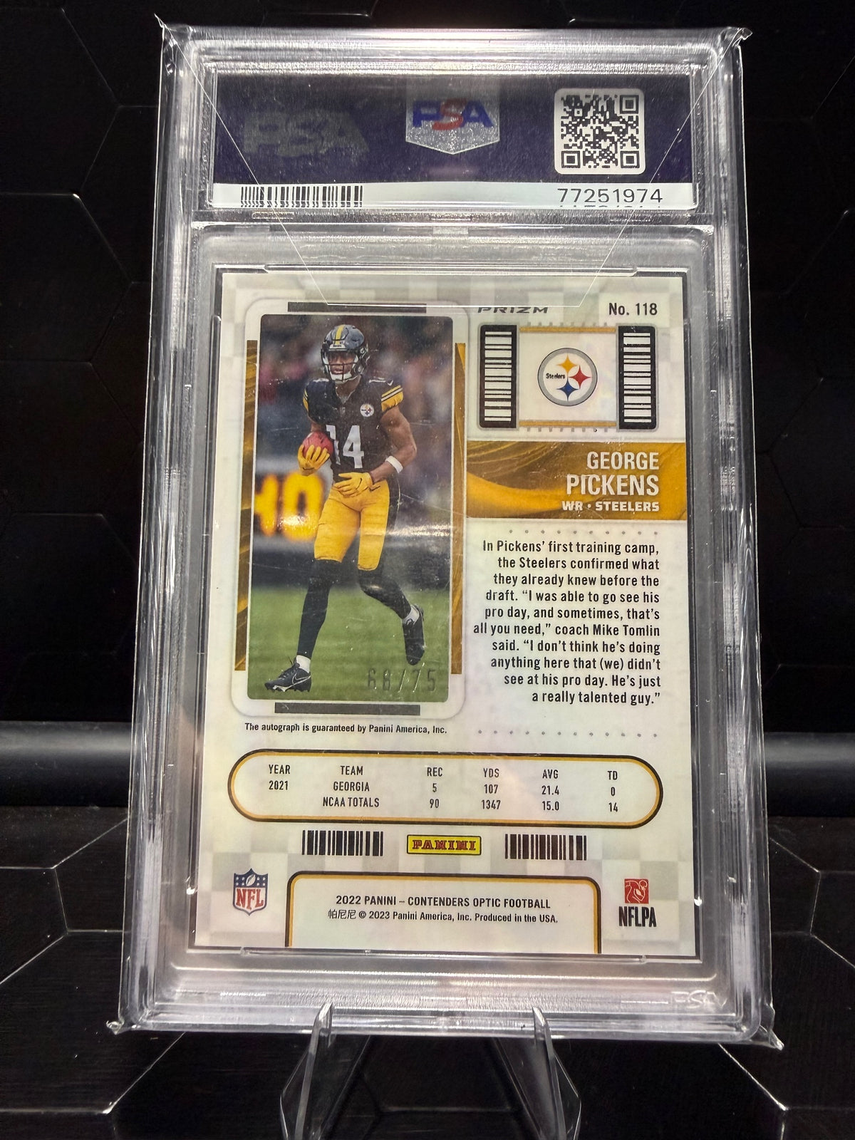 2022 Panini Contenders Optic #118 George Pickens Autograph Blue /75 PSA 10