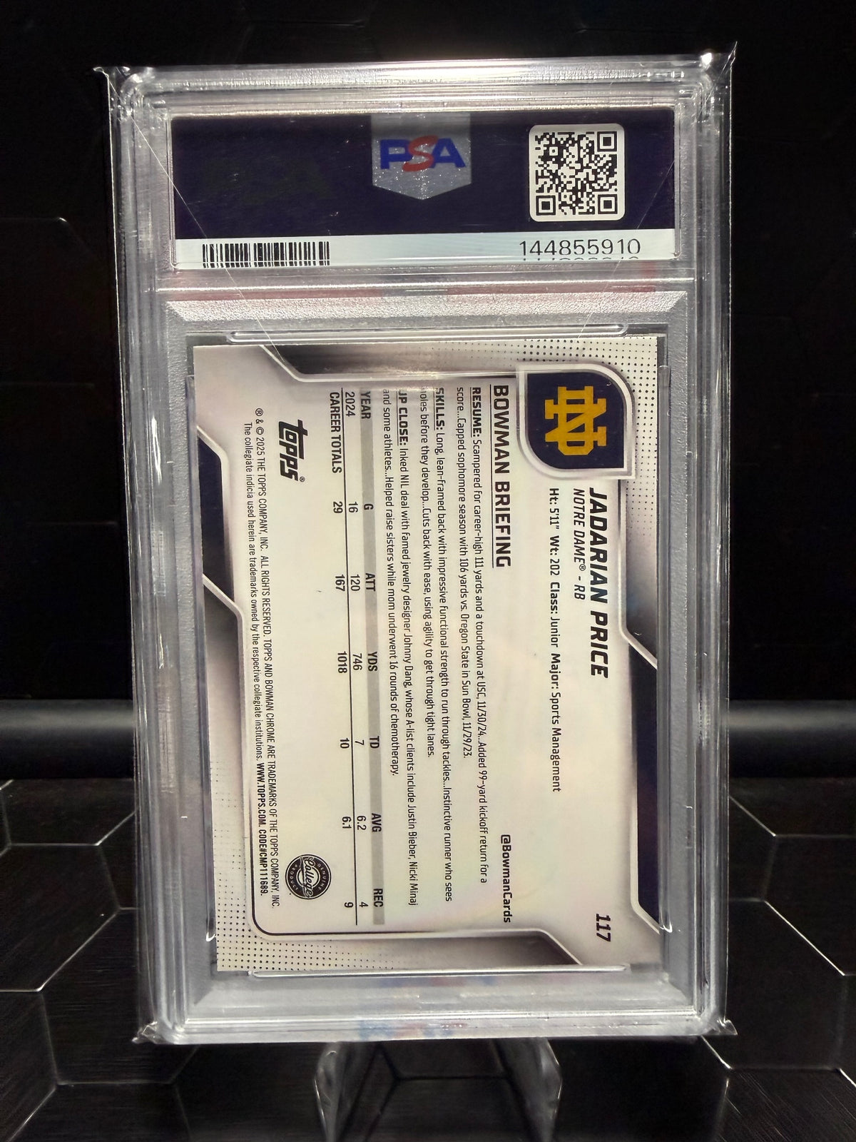 2025 Bowman University Sapphire #117 Jadarian Price PSA 10