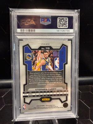 2023-24 Panini Prizm Stephen Curry #119 Blue Sparkle /144 PSA 10
