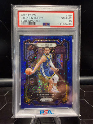 2023-24 Panini Prizm Stephen Curry #119 Blue Sparkle /144 PSA 10