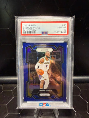 2023–24 Panini Prizm LeBron James #63 Blue Prizm 087/199 PSA 10