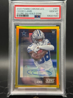 2020 Panini Chronicles #451 Ceedee Lamb Score Sig Gold Zone /50 PSA 10