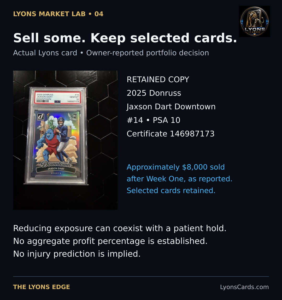 The actual retained Lyons Jaxson Dart Downtown PSA 10, certificate 146987173. Selling part of a position does not require selling every selected card.