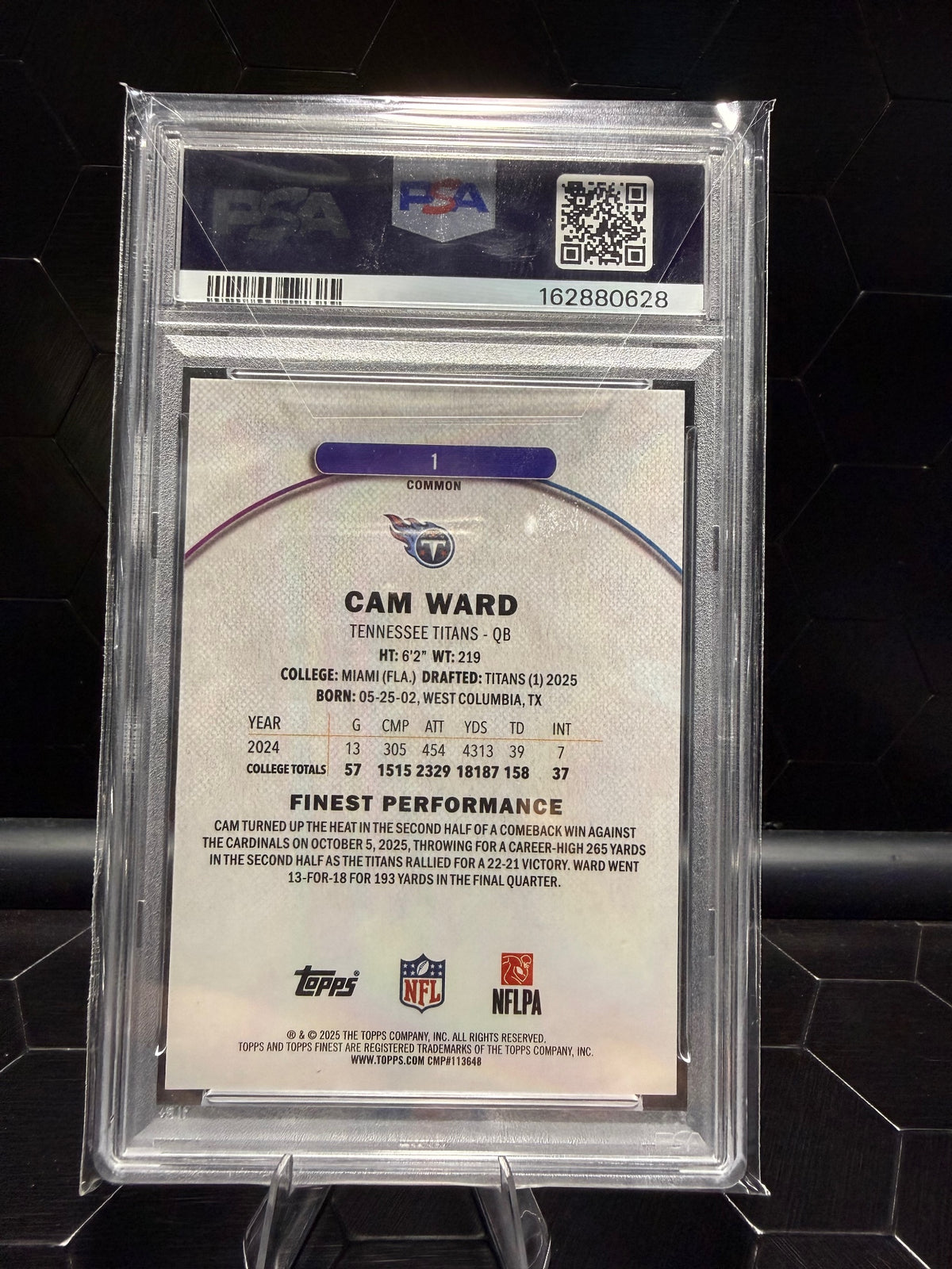 2025 Topps Finest Cam Ward Purple Refractor RC #1 /250 PSA 8