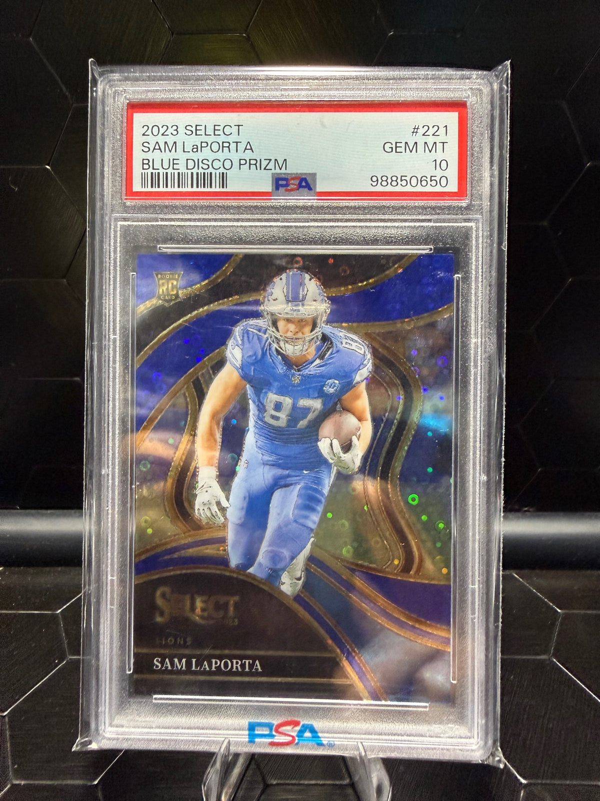 2023 Panini select Sam Laporta Blue Disco Prizm PSA 10