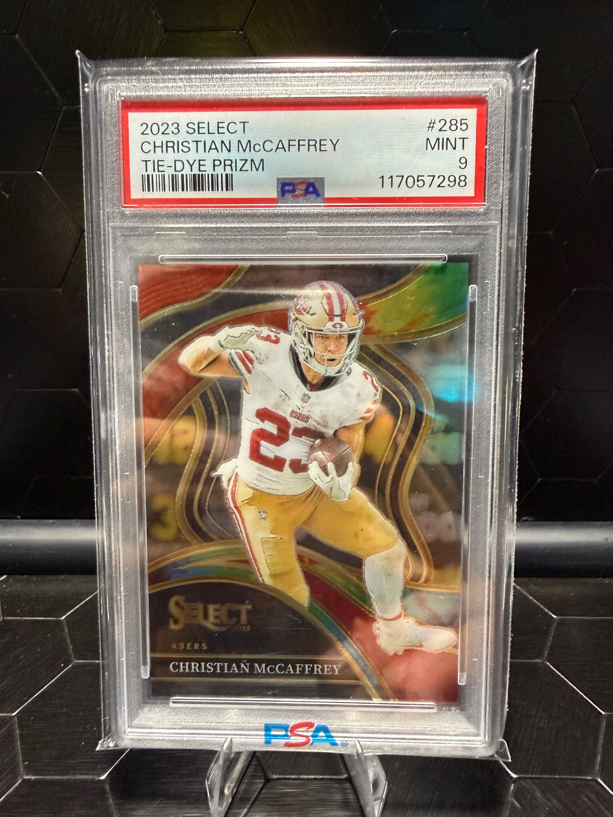2023 Panini Select #285 Christian McCaffrey Black and Gold Prizms Die Cuts PSA 9