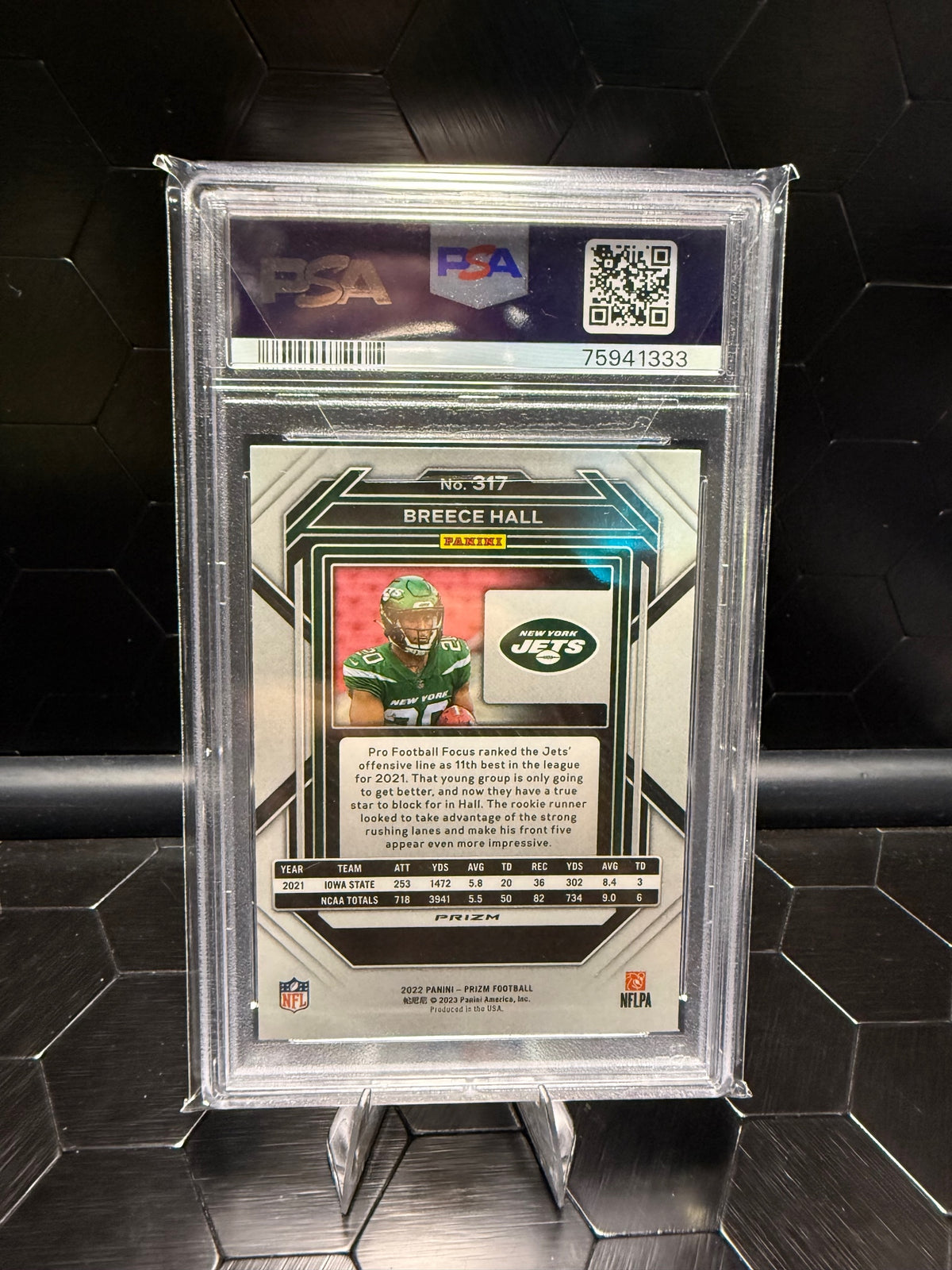 2022 Panini Prizm Breece Hall #317 Red White Blue Prizm RC PSA 10