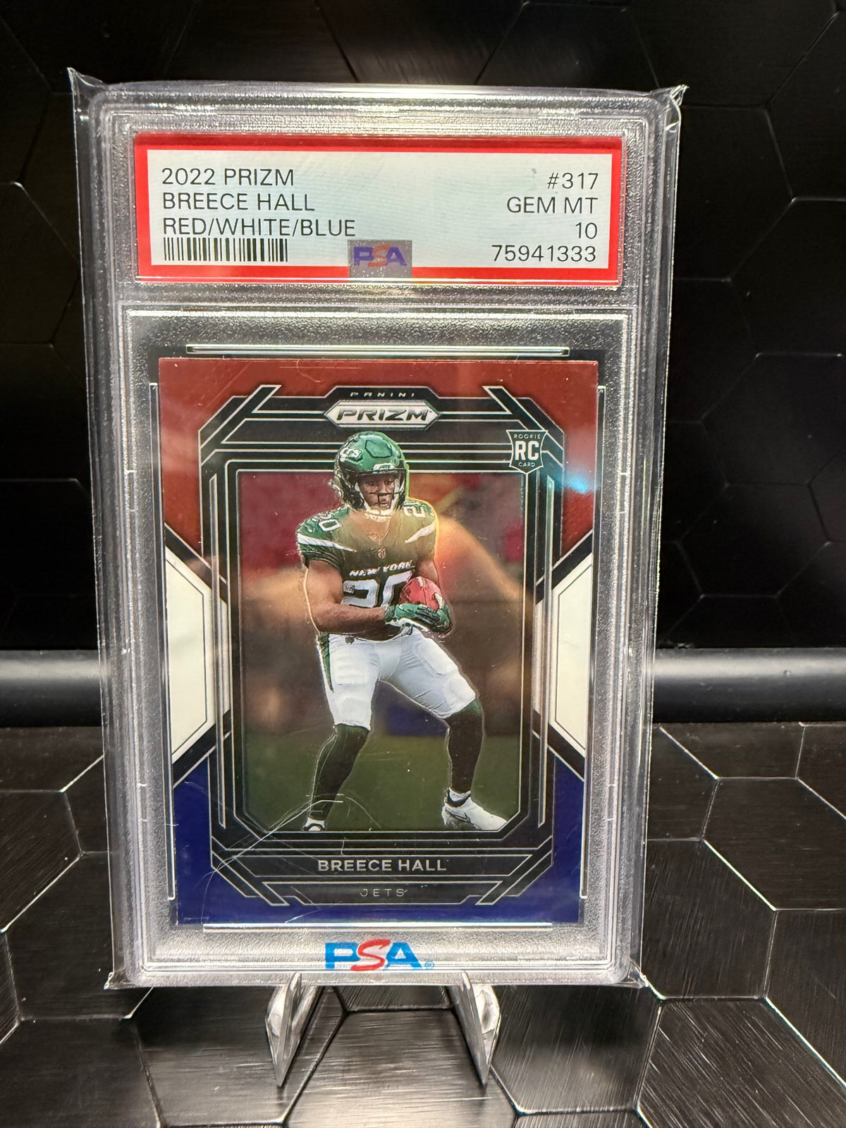 2022 Panini Prizm Breece Hall #317 Red White Blue Prizm RC PSA 10