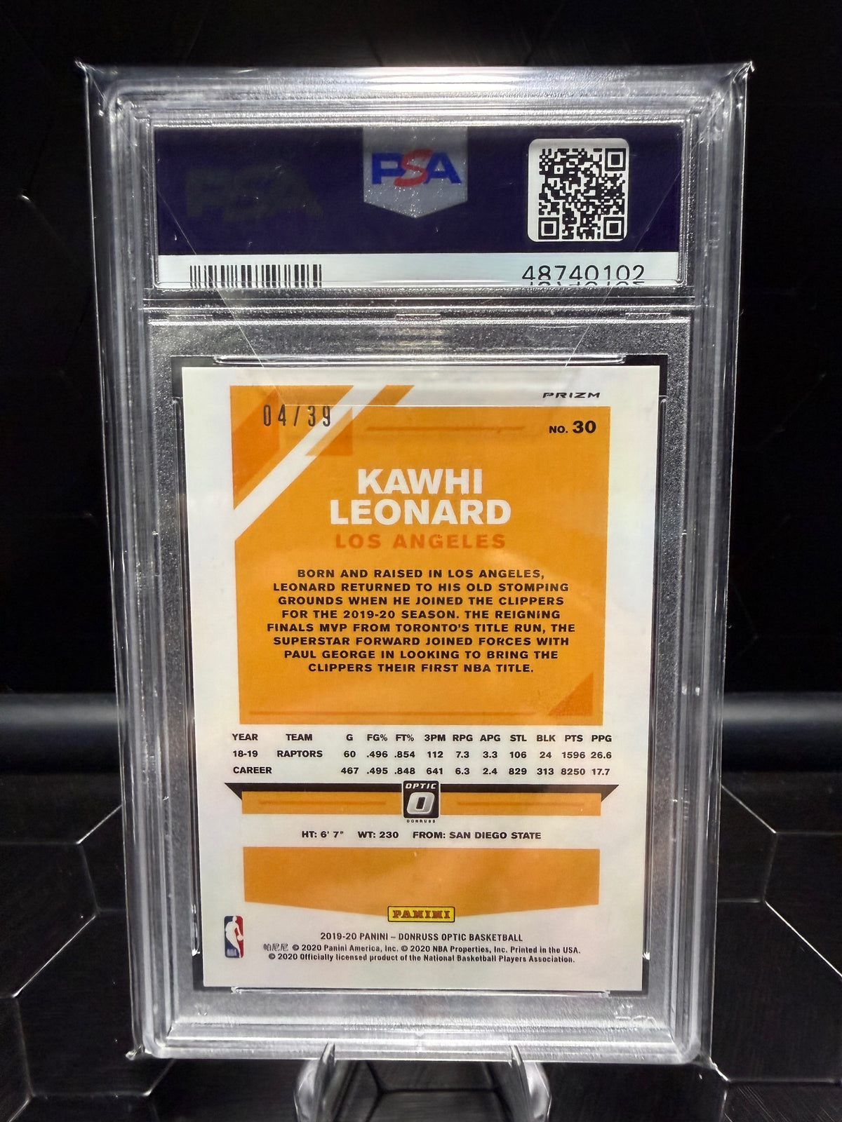 2019-20 Donruss Optic Kawhi Leonard #30 Black Velocity 04/39 PSA 9