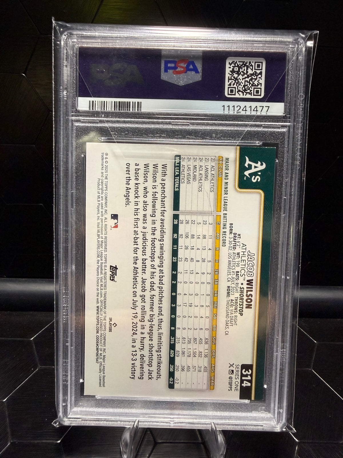 2025 Topps Series 1 Jacob Wilson #314 Sandglitter RC PSA 8