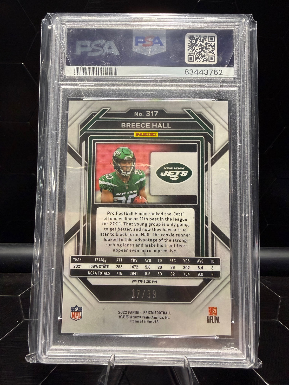2022 Panini Prizm #317 Breece Hall Blue Ice /99 PSA 9