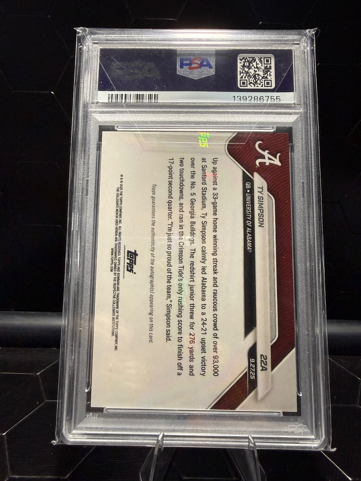 2025 Bowman U Now Ty Simpson #22A Black Foil Auto 04/10 PSA 9 Auto 8