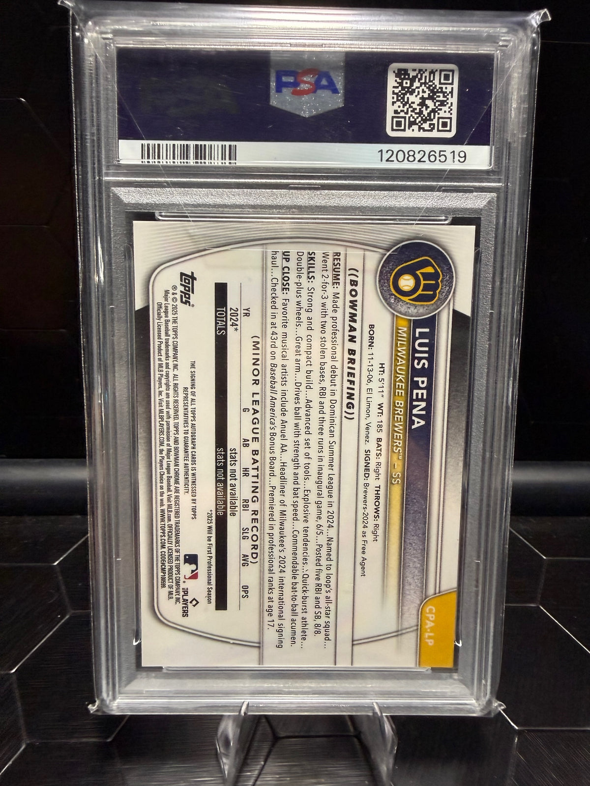 2025 Bowman Chrome Luis Peña #CPA-LP 1st Prospect Autograph PSA 8