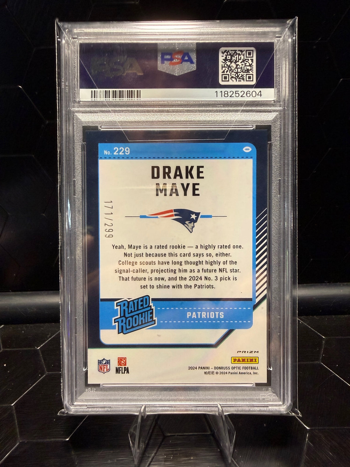2024 Donruss Optic Drake Maye #229 Aqua Rated Rookie RC 171/299 PSA 9