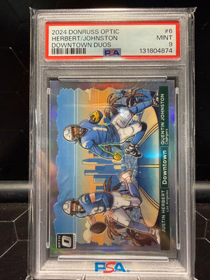 2024 Donruss Optic Justin Herbert Quentin Johnston #6 Downtown Duos PSA 9