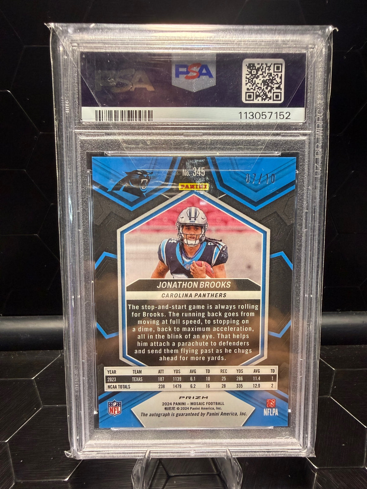 2024 Panini Mosaic Jonathon Brooks #345 Gold Rookie Auto 07/10 PSA 9