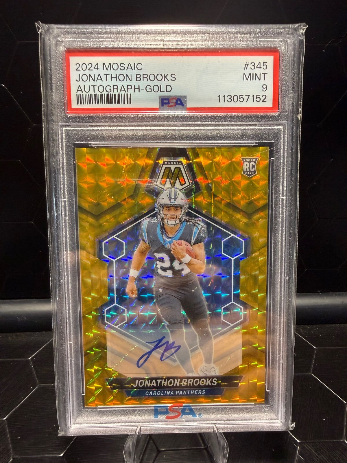 2024 Panini Mosaic Jonathon Brooks #345 Gold Rookie Auto 07/10 PSA 9