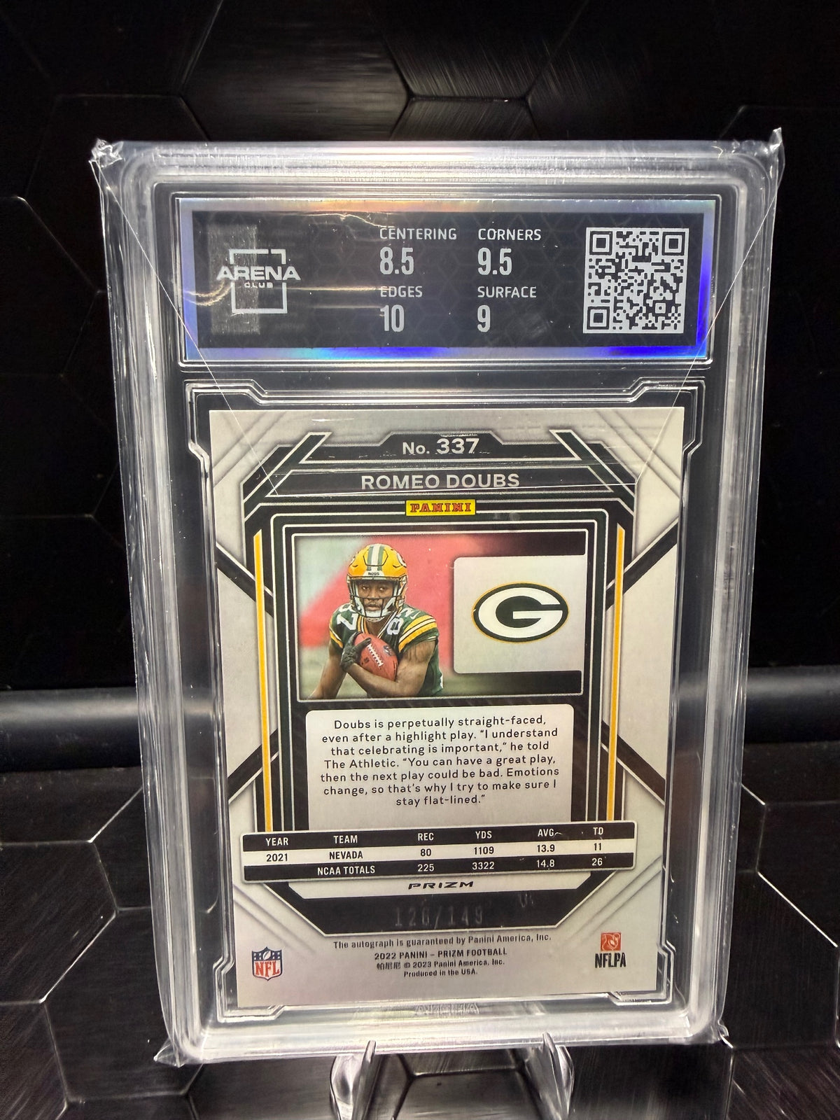 2022 Panini Prizm Romeo Doubs #337 Rookie Auto Red Wave 126/149 Arena 9 Auto 10