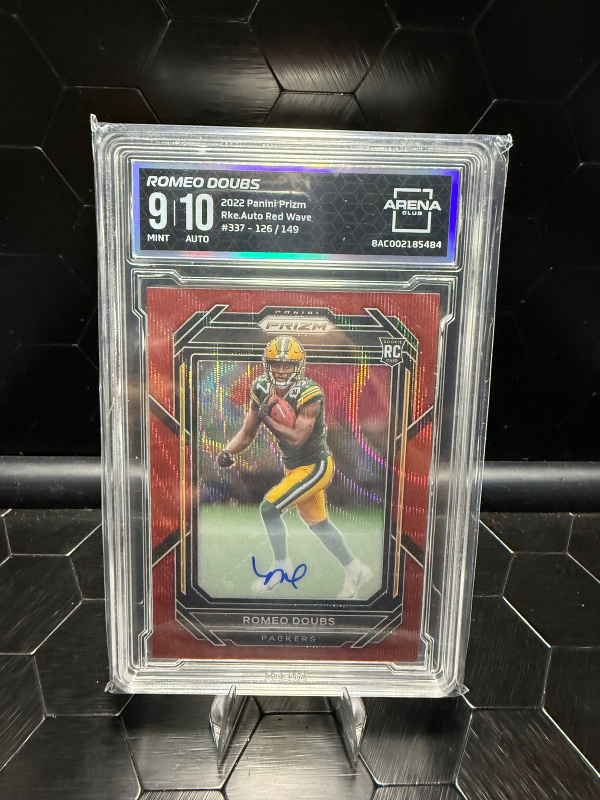 2022 Panini Prizm Romeo Doubs #337 Rookie Auto Red Wave 126/149 Arena 9 Auto 10