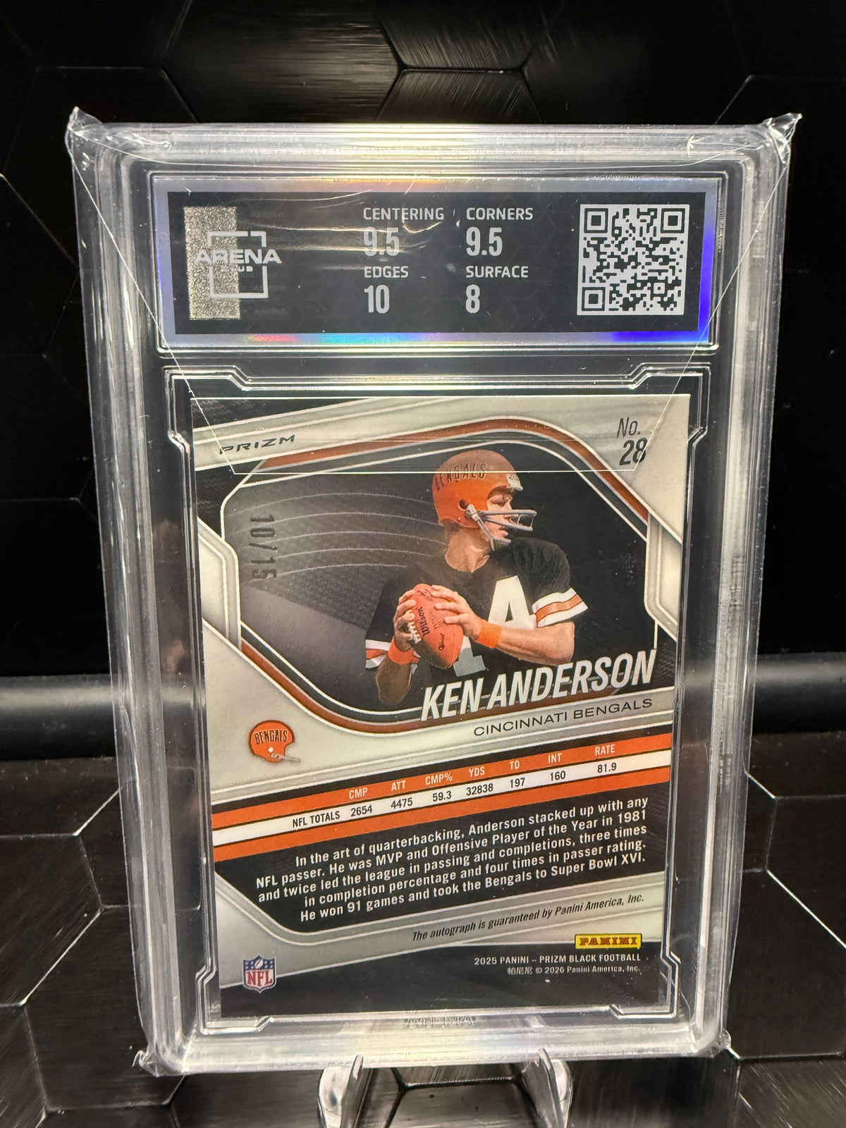 2025 Panini Prizm Black Ken Anderson #28 Blue Shimmer Auto 10/15 Arena 8.5
