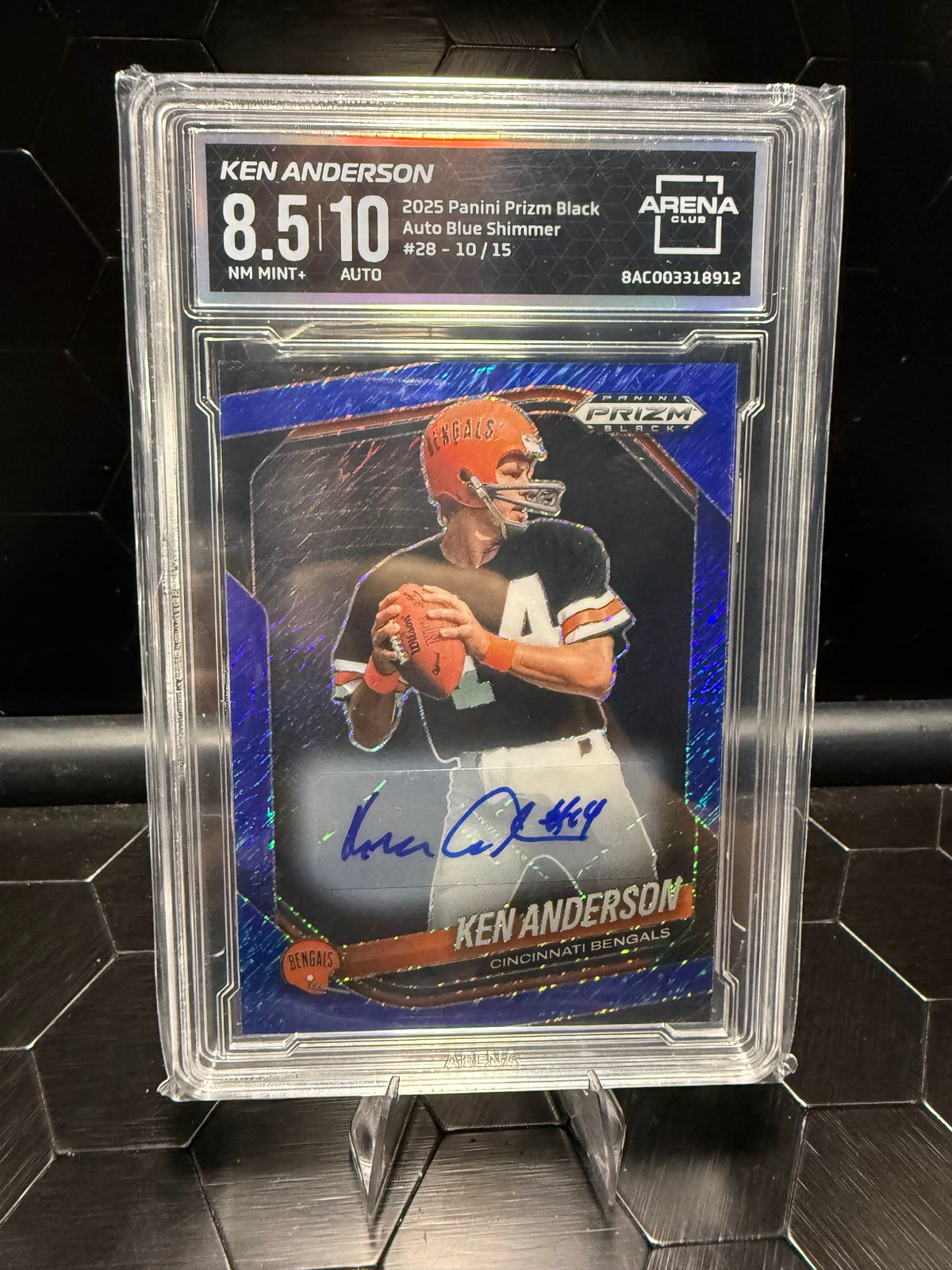 2025 Panini Prizm Black Ken Anderson #28 Blue Shimmer Auto 10/15 Arena 8.5