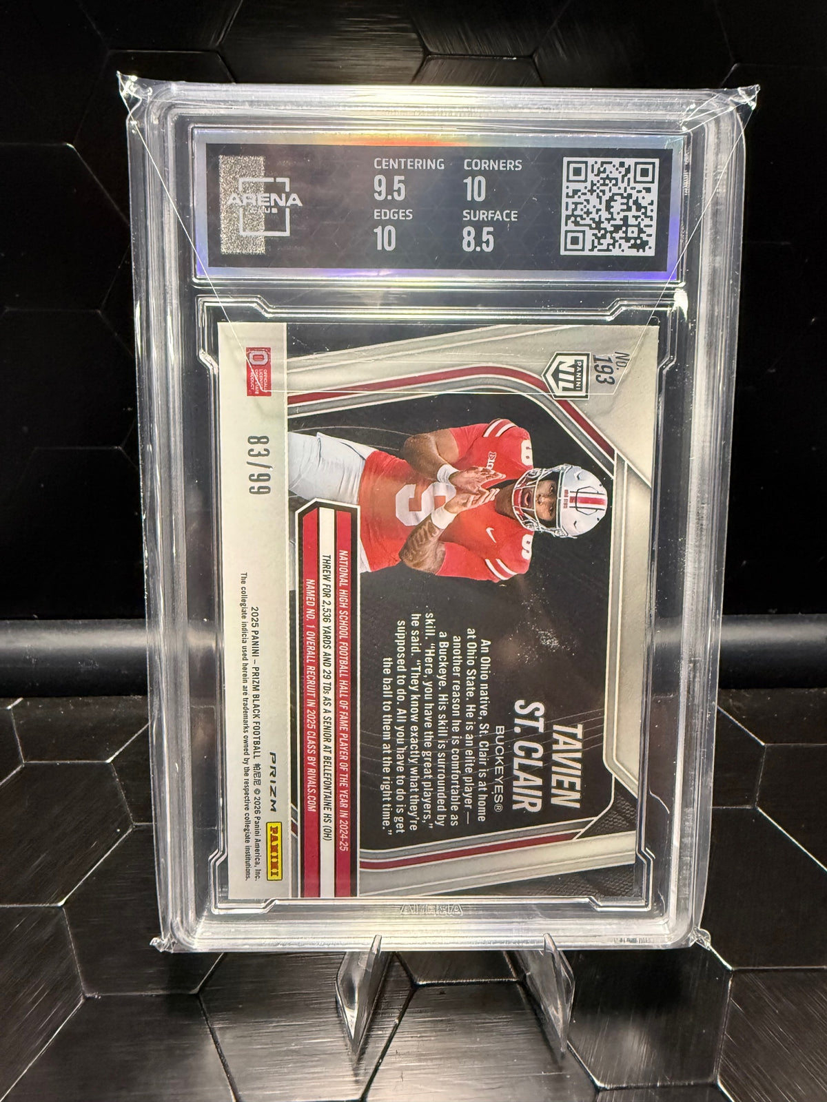 2025 Panini Prizm Tavien St. Clair Purple Prizm RC /99 Arena 9