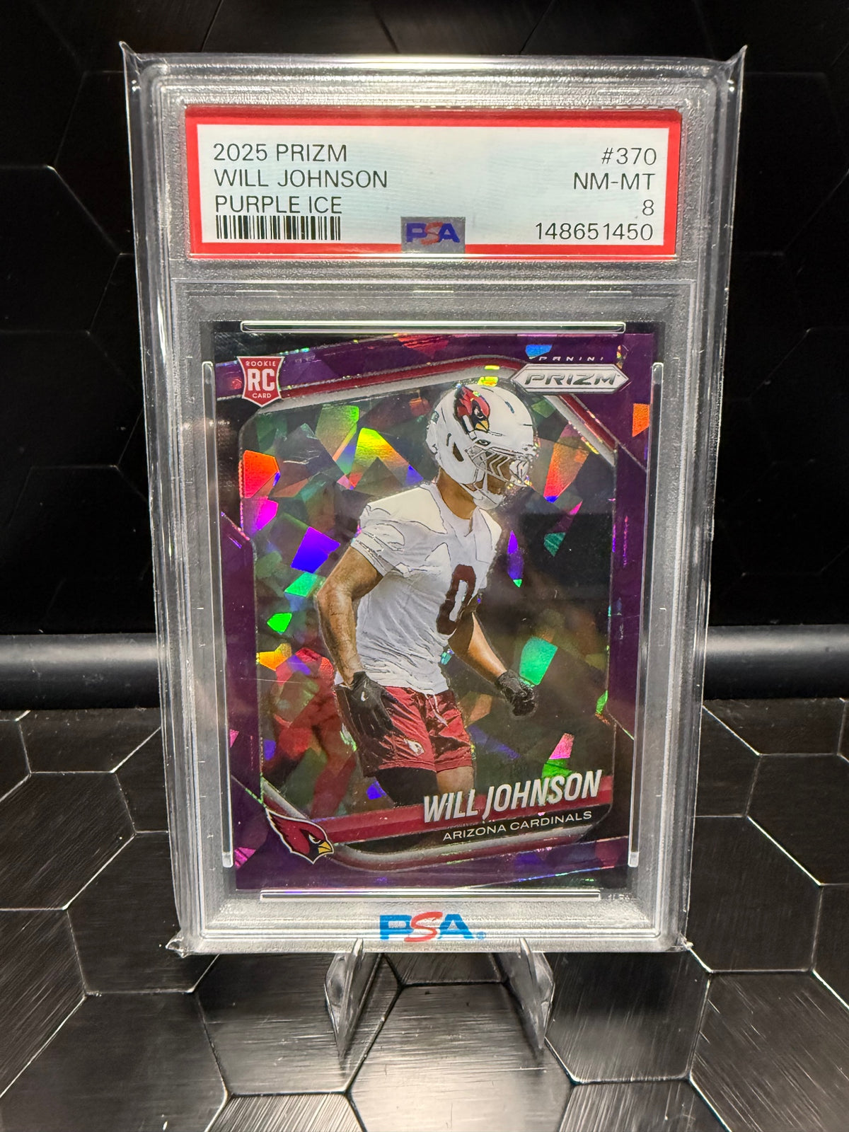 2025 Panini Prizm Will Johnson #370 Purple Ice 119/225 RC PSA 8