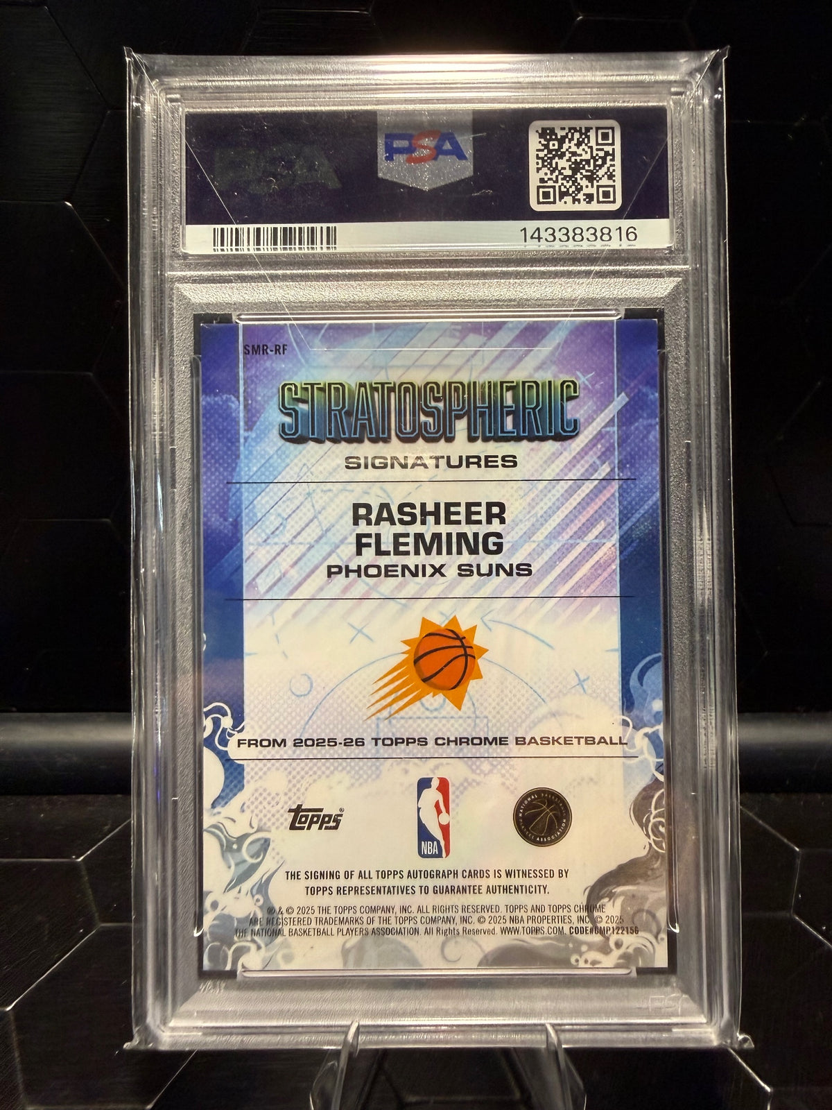 2025 Topps Chrome Rasheer Fleming SMR-RF Stratospheric Sig Red Ref /5 PSA 8.5