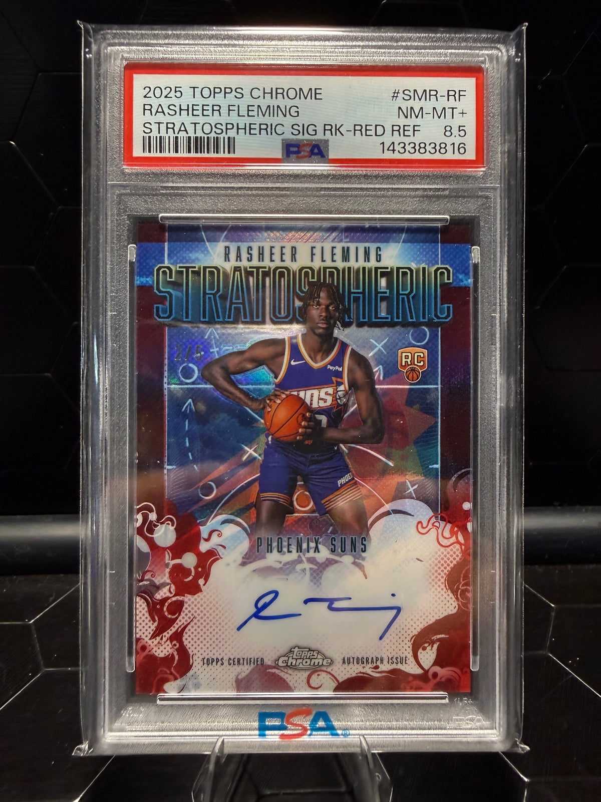 2025 Topps Chrome Rasheer Fleming SMR-RF Stratospheric Sig Red Ref /5 PSA 8.5
