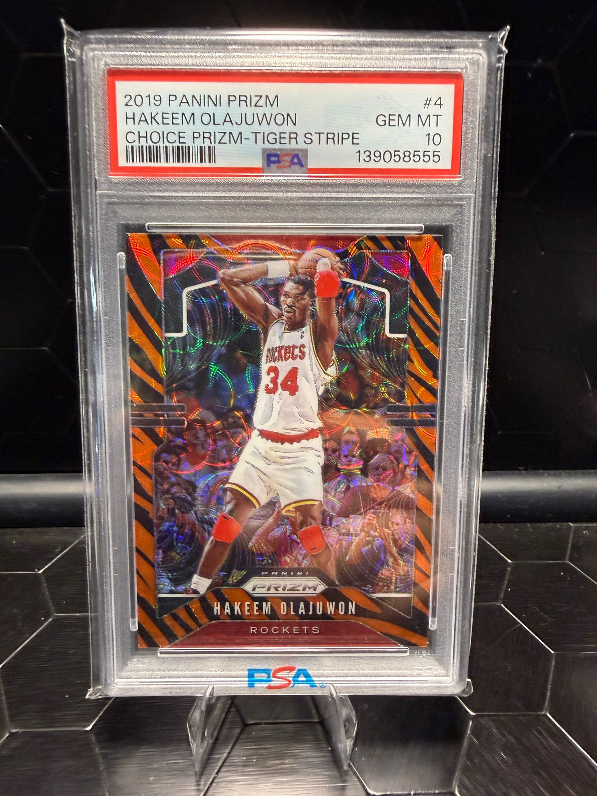 2019-20 Panini Prizm Hakeem Olajuwon #4 Choice Tiger Stripe PSA 10