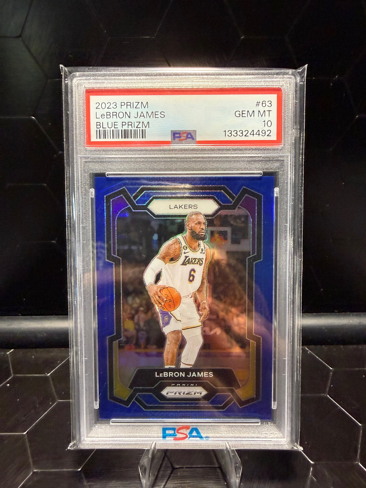 2023–24 Panini Prizm LeBron James #63 Blue Prizm 087/199 PSA 10