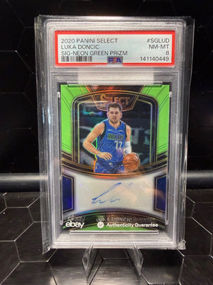 2020-21 Select Luka Doncic #SGLUD Signatures Neon Green Prizm Auto /35 PSA 8