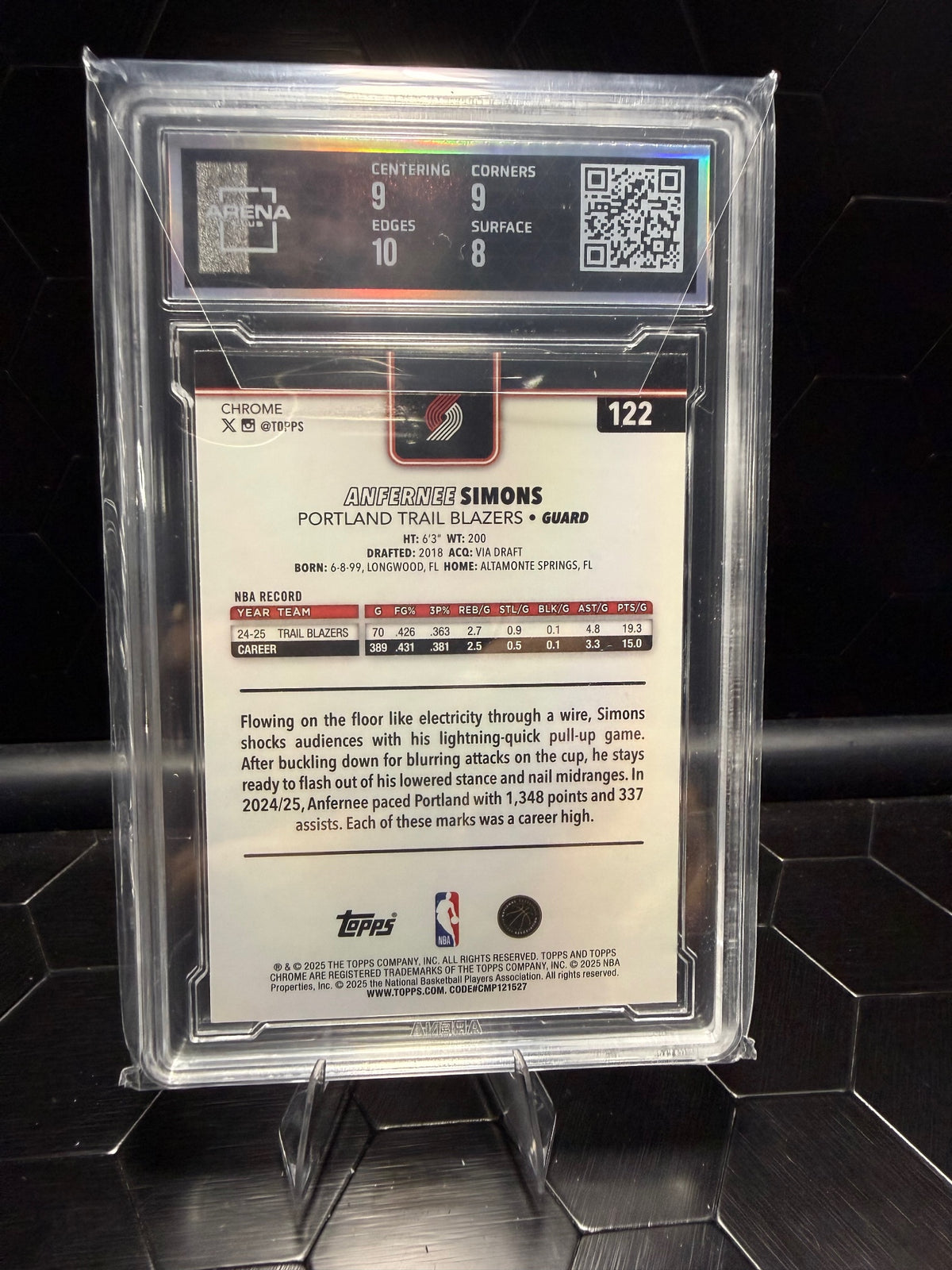 2025 Topps Chrome Anfernee Simons #122 Blue Wave 054/150 Arena Club 8.5