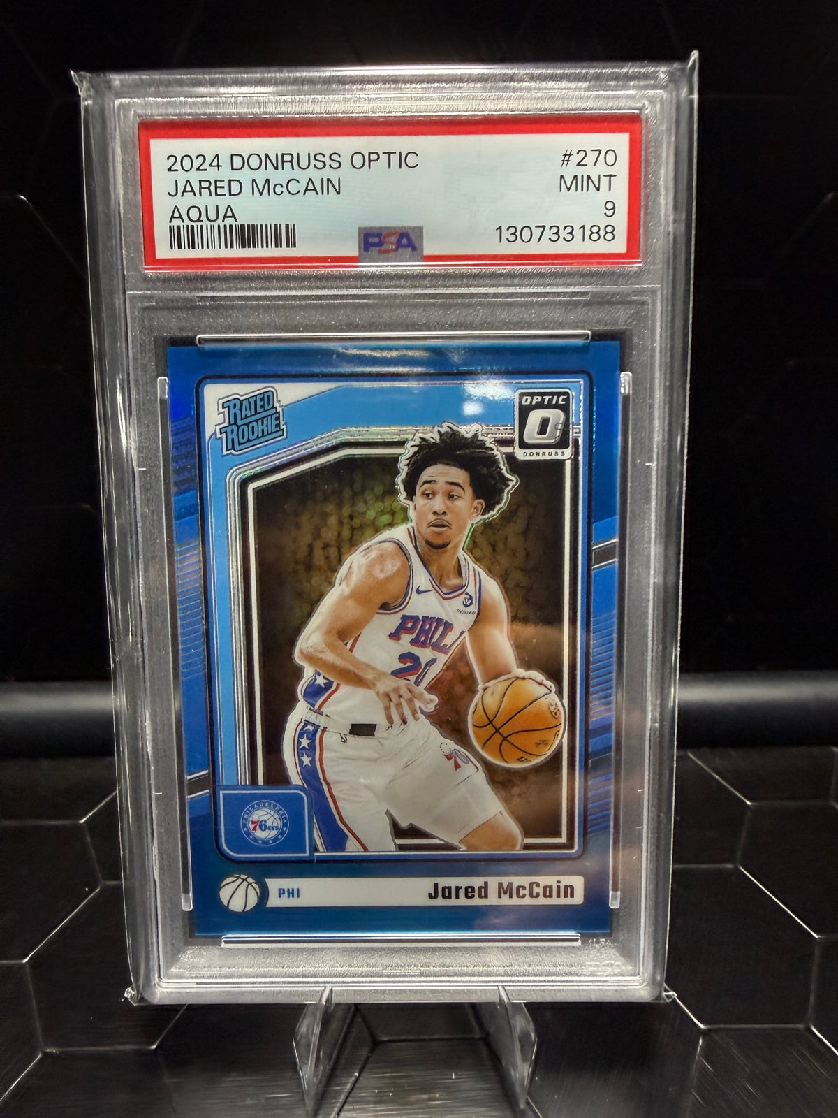 2024-25 Panini Donruss Optic Jared McCain #270 Aqua Rated Rookie 056/225 PSA 9