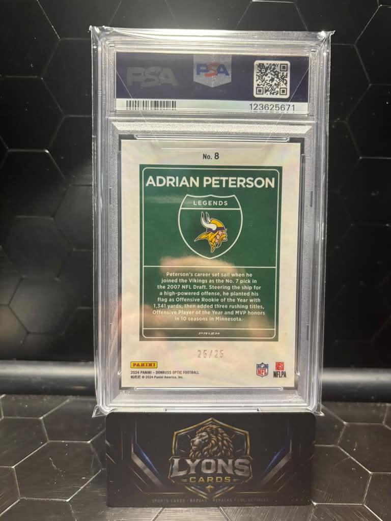 2024 Donruss Optic Adrian Peterson #8 Downtown Legends Black Pandora /25 PSA 10
