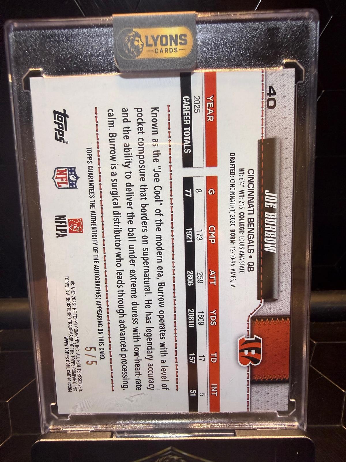 2026 Topps Joe Burrow #40 Autograph Red Parallel 5/5