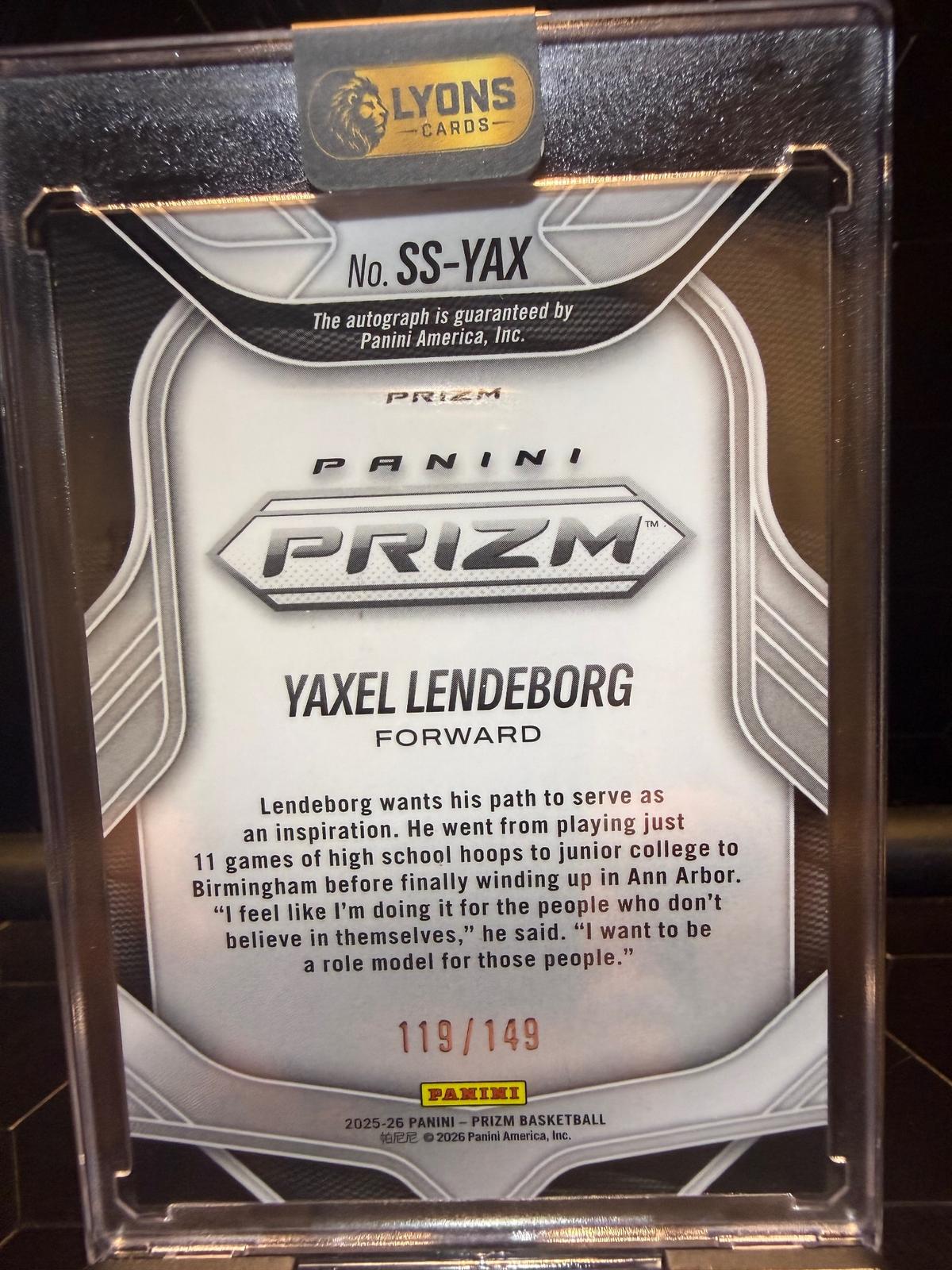 2025-26 Panini Prizm Yaxel Lendeborg #SS-YAX Sensational Signatures Auto 119/149