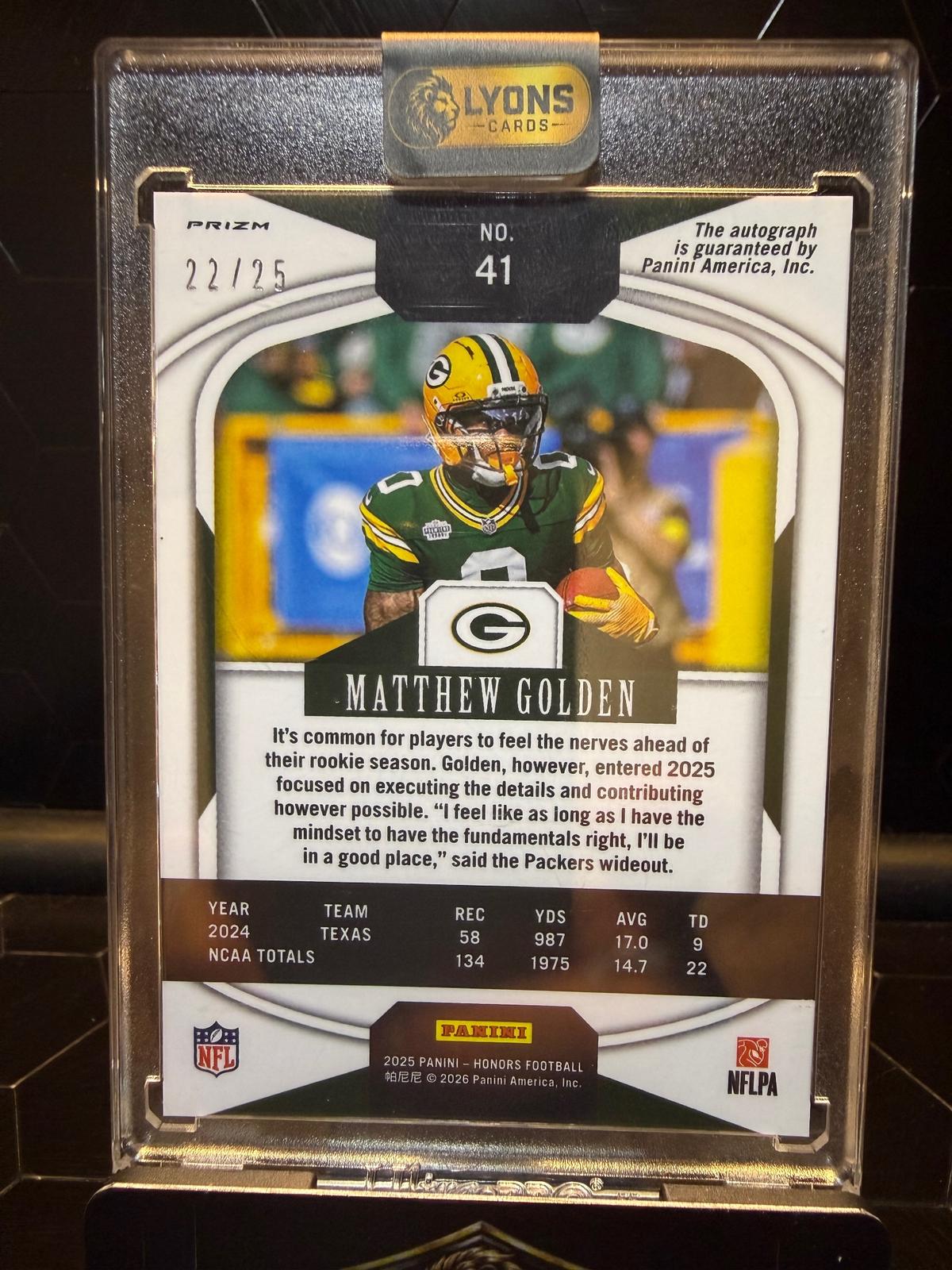 2025 Panini Honors #41 Matthew Golden Rookie Auto /25