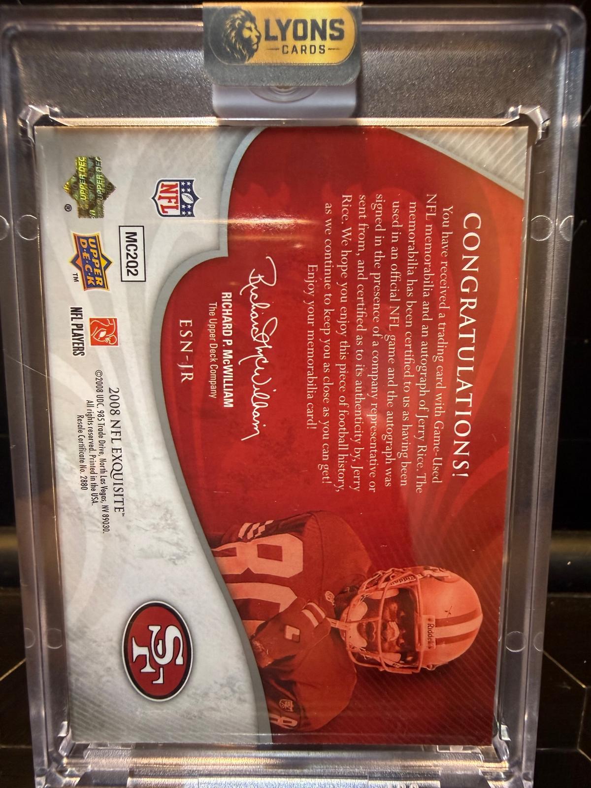 2008 Upper Deck Exquisite Jerry Rice #ESN-JR Jersey Auto 09/80