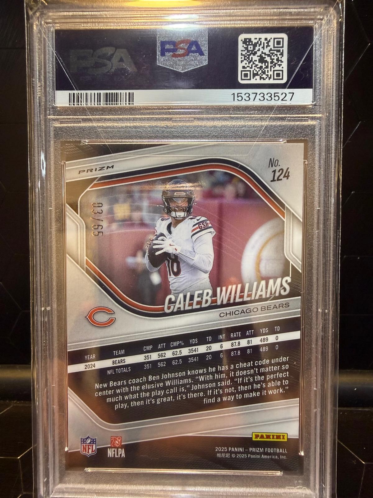 2025 Panini Prizm Caleb Williams #124 Orange Wave /65 PSA 9