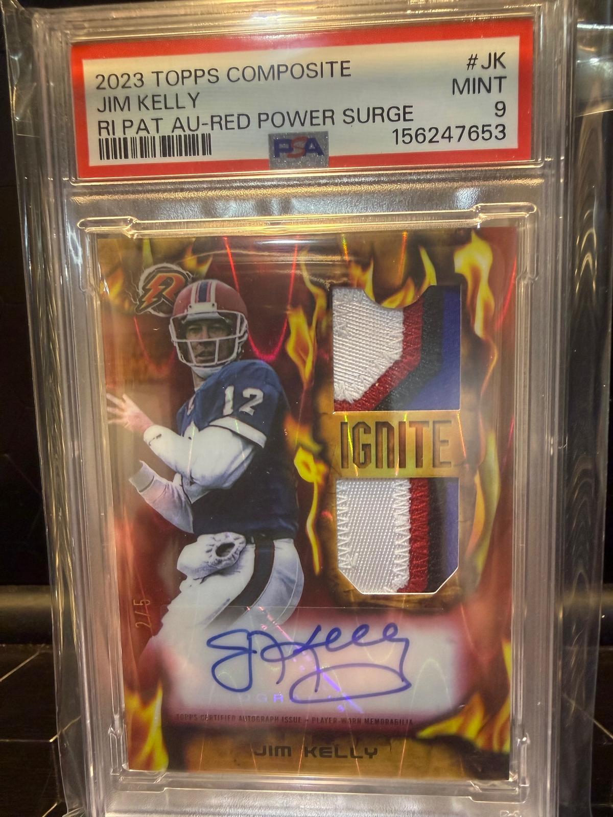 2023 Topps Composite Jim Kelly #JK Ignite Patch Auto Red Power Surge 2/5 PSA 9