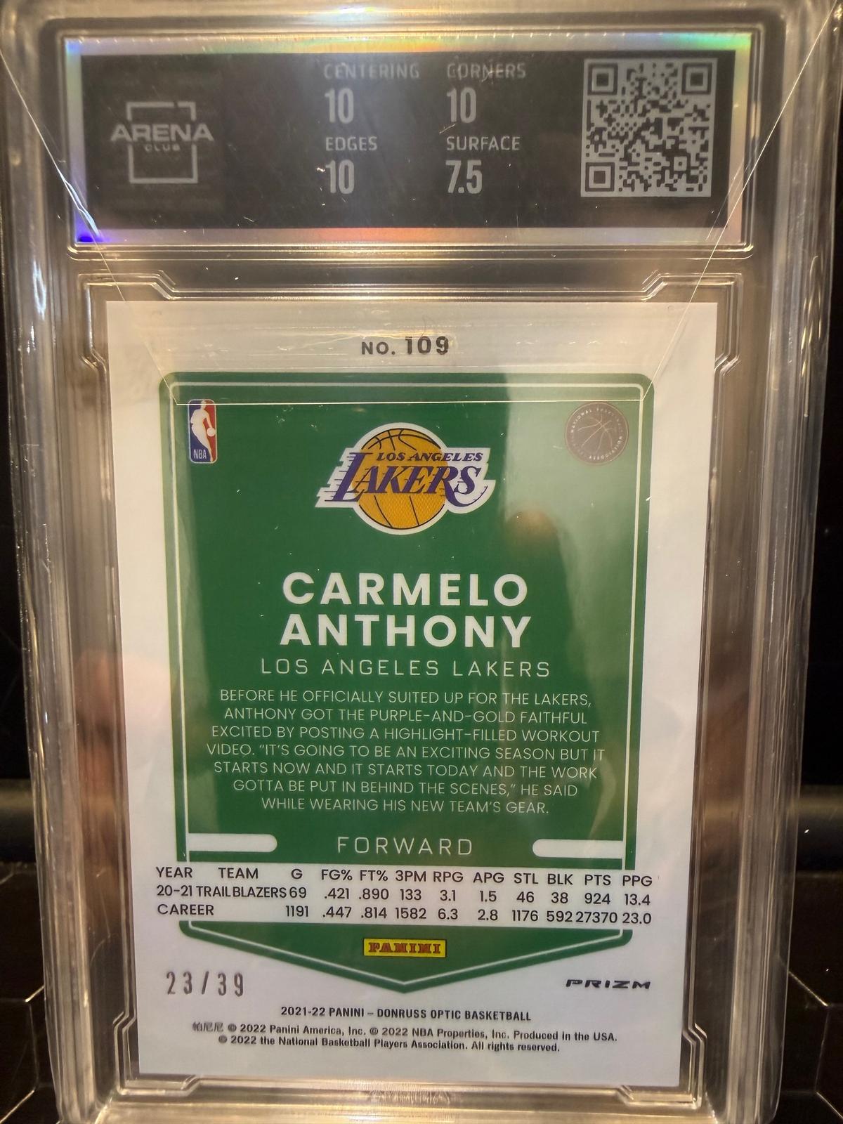 2021-22 Donruss Optic Carmelo Anthony #109 Black Velocity 23/39 Arena 8