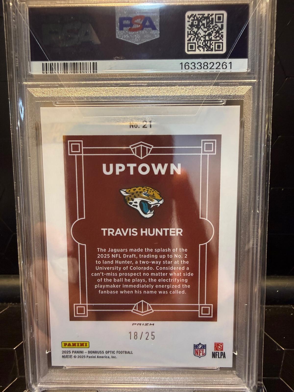2025 Donruss Optic Travis Hunter #21 Uptown White Pandora RC /25 PSA 10