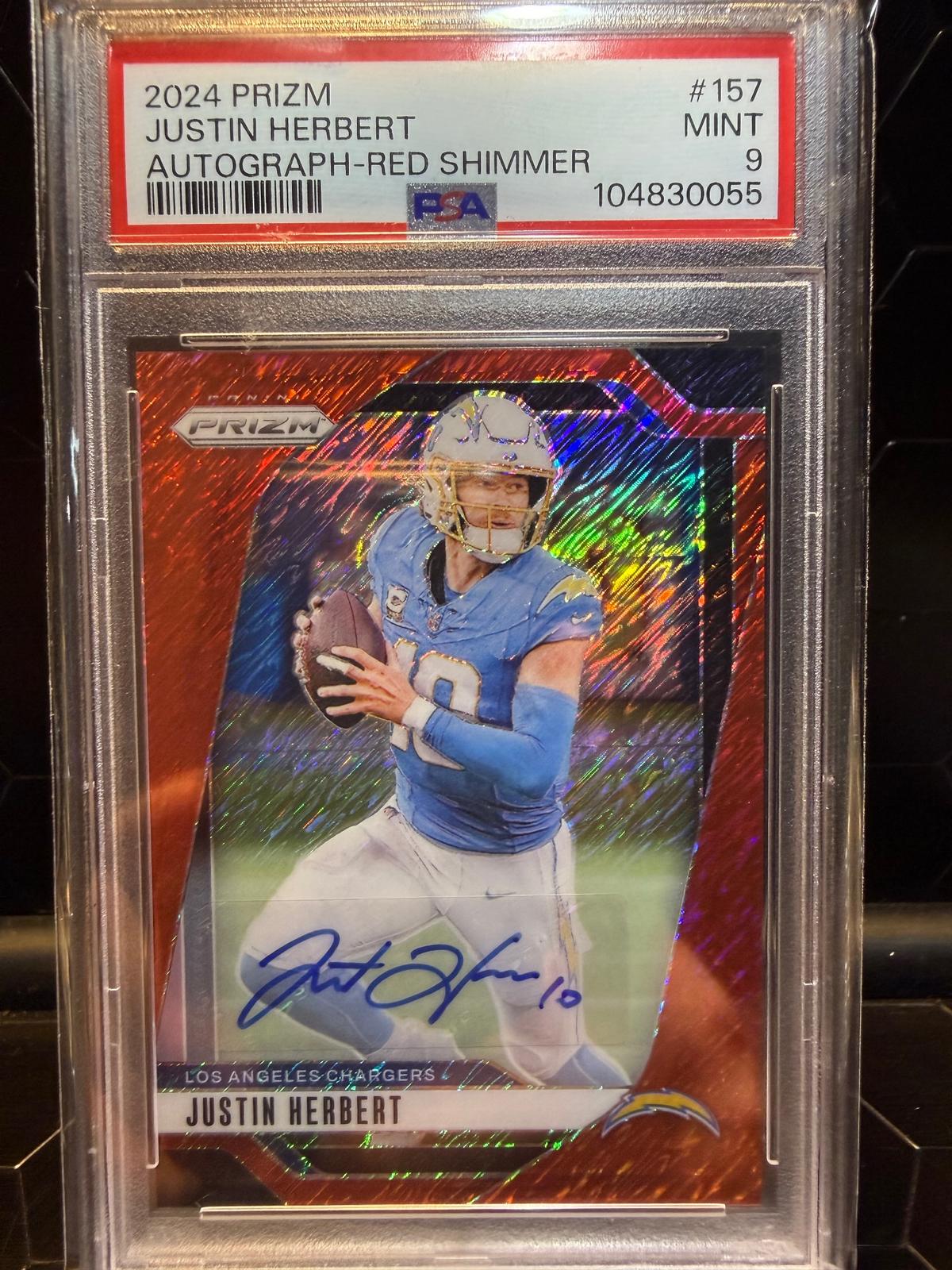 2024 Panini Prizm #157 Justin Herbert Auto Red Shimmer PSA 9