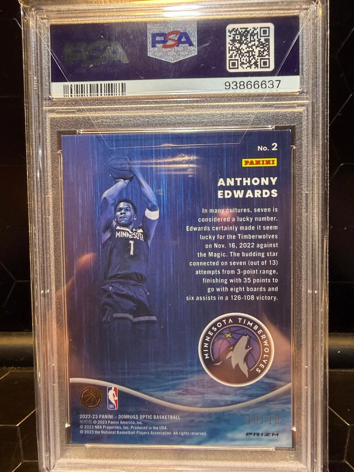 2022 Donruss Optic Anthony Edwards #2 Raining 3s Gold Wave 10/10 PSA 9