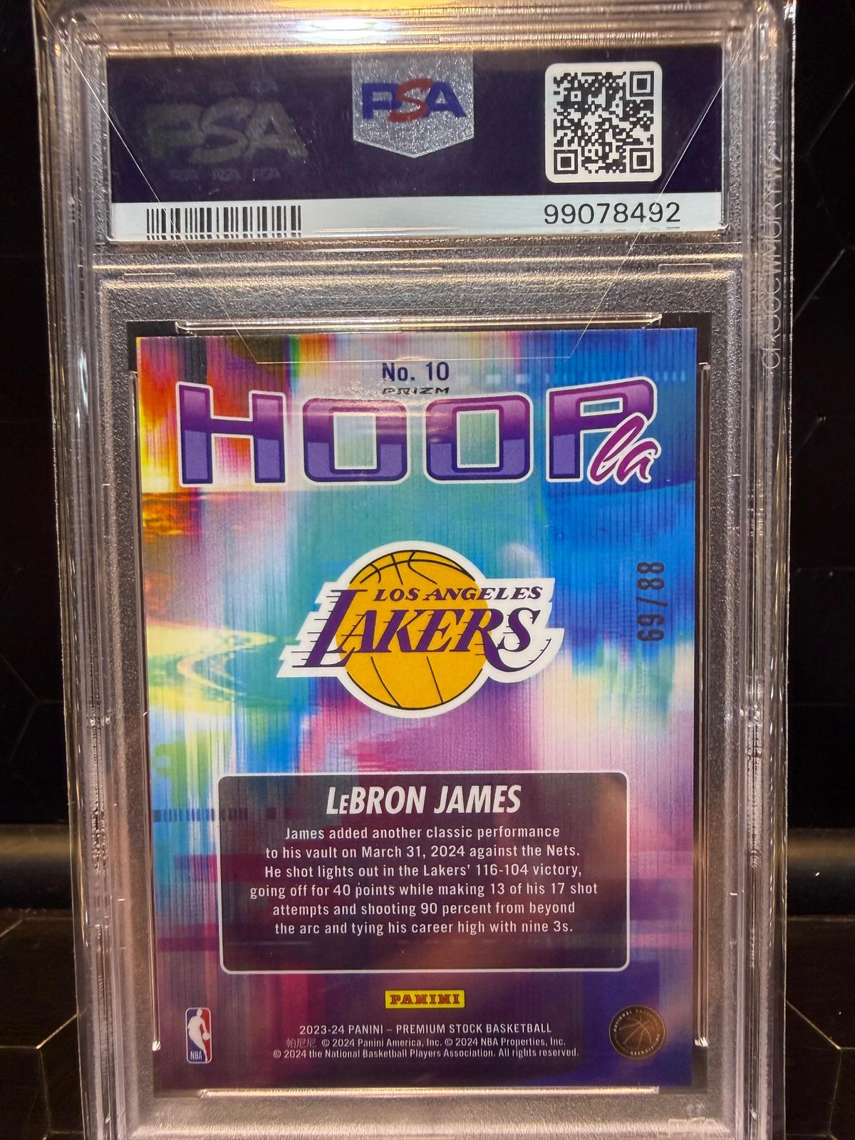 2023-24 Hoops Premium Stock #10 Lebron James Hoopla Premium Red Prizm PSA 10