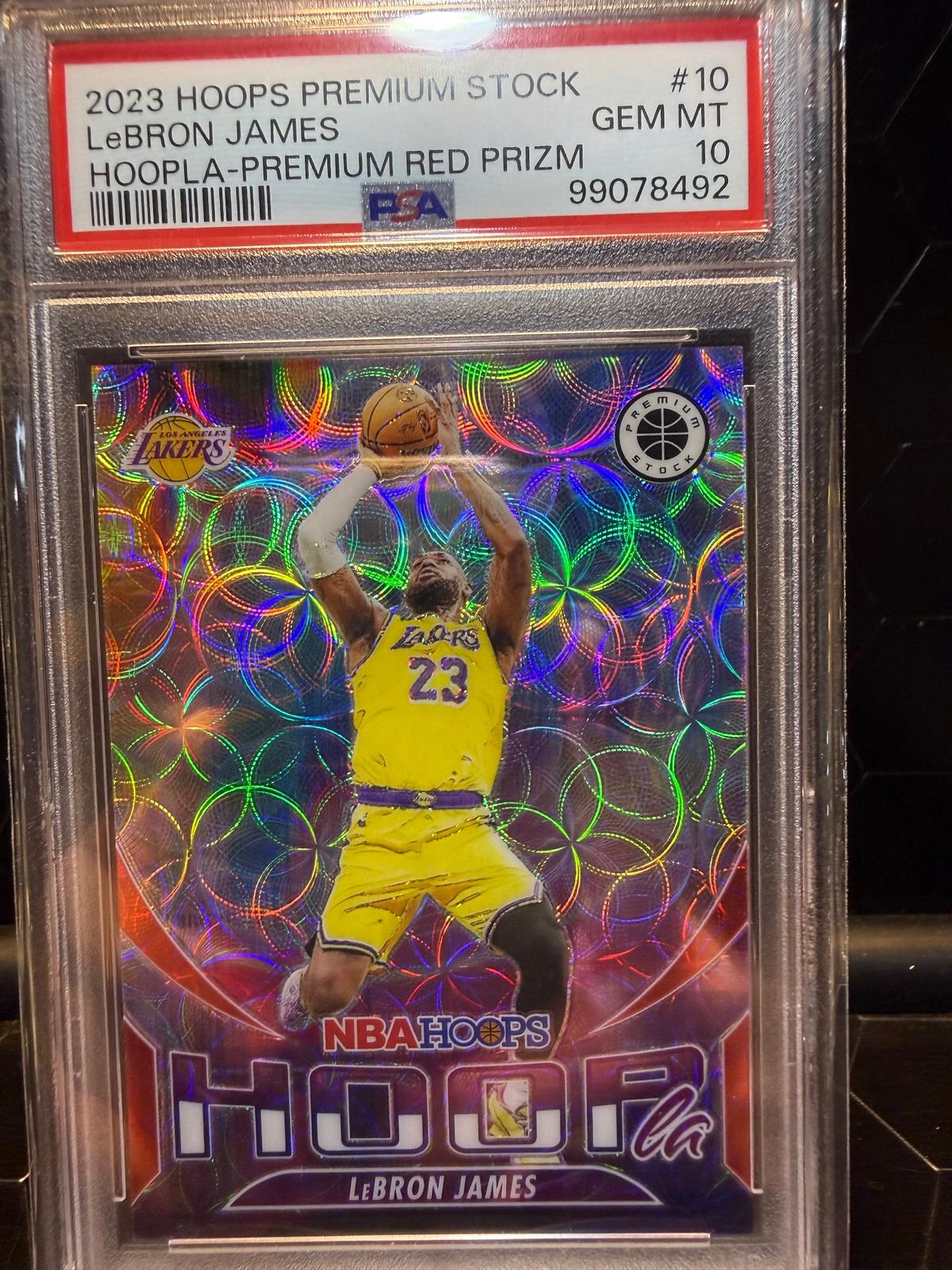 2023-24 Hoops Premium Stock #10 Lebron James Hoopla Premium Red Prizm PSA 10