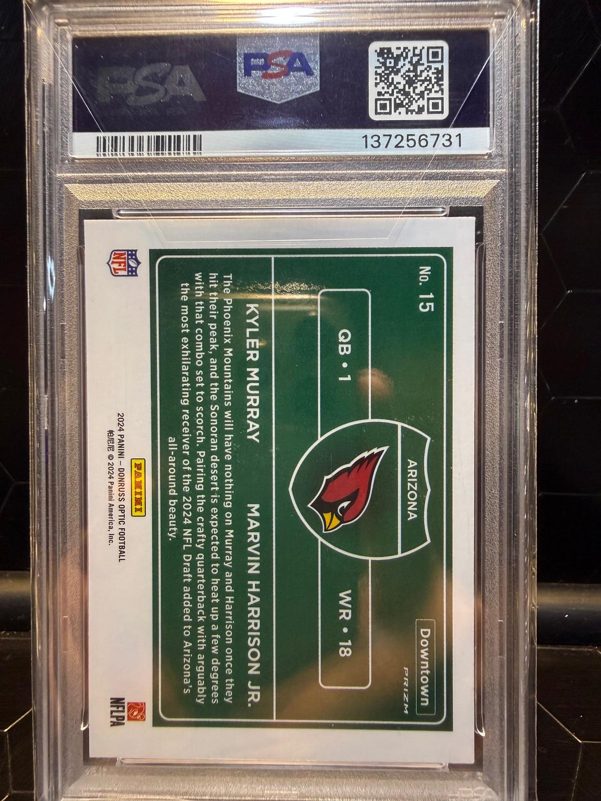 2024 Donruss Optic #15 Kyler Murray / Marvin Harrison Jr. Downtown Duos PSA 9